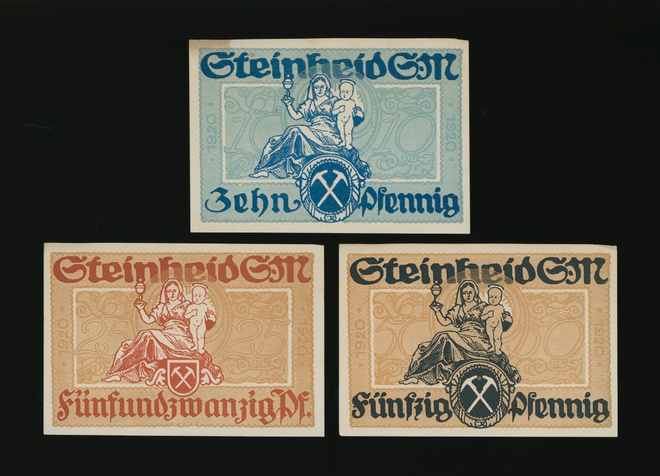 Saksa Notgeld 10, 25, 50 Pfg, Steinhed 1920 VF