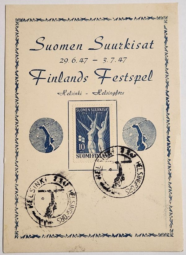 Suomen Suurkisojen virallinen juhlapostikortti 1947
