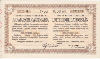 OKK 1953 Suomen Valtion Arpajaisobligaatio