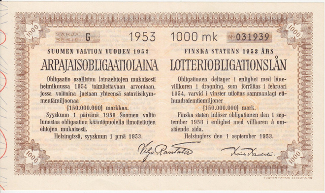 OKK 1953 Suomen Valtion Arpajaisobligaatio