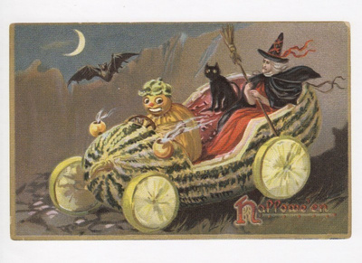 Halloween noita ajaa kurpitsa-autolla (isohko kortti)