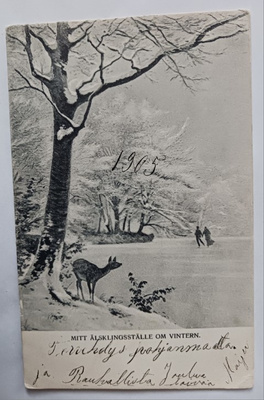 Luistelijat talvisella lammella, peura katselee, p. 1905