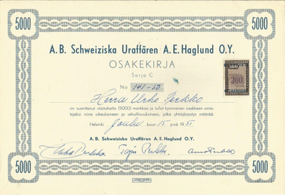 OKK 1951 Schweiziska Uraffären AE Haglund Oy, Helsinki kello