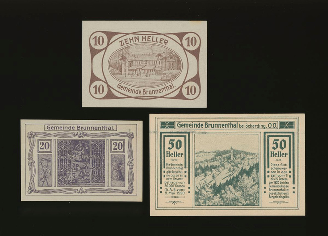 Itävalta Notgeld 10, 20, 50 Heller, Brunnenthal 1920