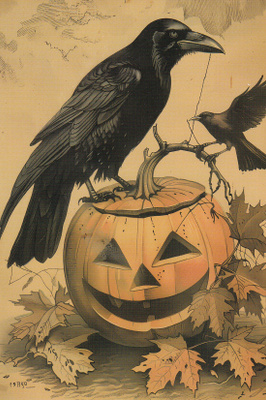 Halloween kurpitsa ja kaksi korppia