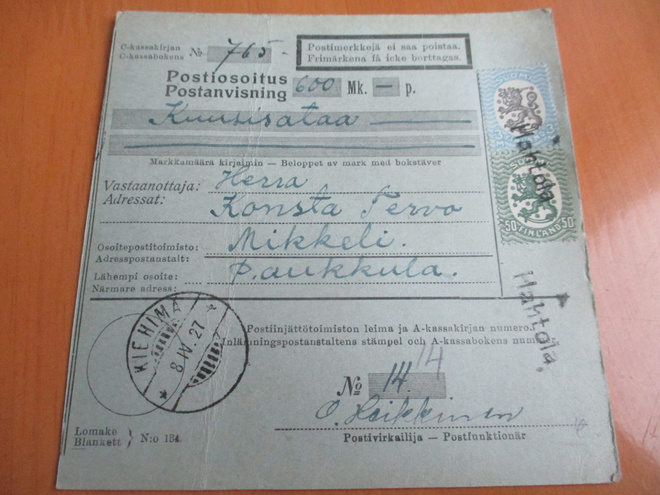 1927 Hahtola rivil + Kiehimä postiosoitus