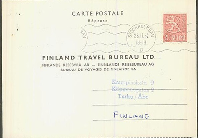 M54 1956 20mk vastauskortti Ruotsista