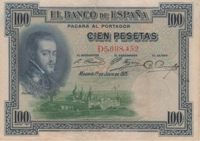 (B0056) SPAIN, 1925 (1936). 100 Pesetas. P-69c. VG