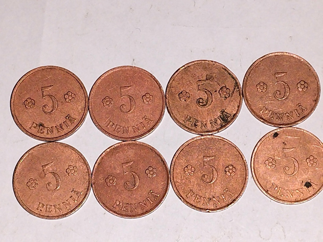 5 penniä 1930 kupari 8kpl