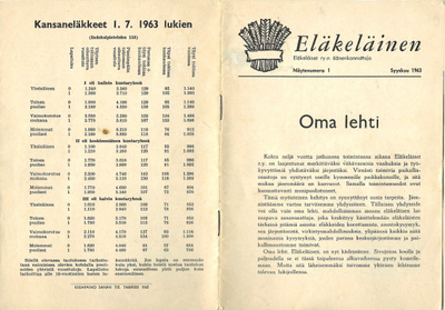 9/1963 ELÄKELÄINEN LEHTI NÄYTENUMERO 1 ELÄKELÄISET RY:N ÄÄNE