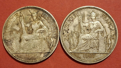 2 x Ranska Indo-Chine, Piastre de Commerce 1906 ja 1907 (8).