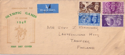 ENGLANTI OLYMPIA SARJA1948 FDC SUOMEEN
