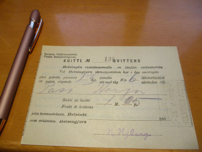 1906 Helsinki Suomen Valtionrautatiet kuitti