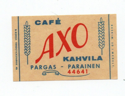 CAFE AXO Kahvila. Parainen. Etiketti.