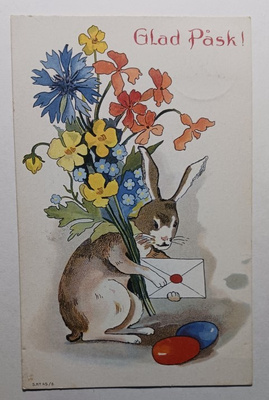 Pupu tuo kukkakimpun, pääsiäismunia ja kirjeen, p. 1923