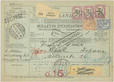 1924 postipaketti Sveitsiin via "Helsingfors, Allemagne"