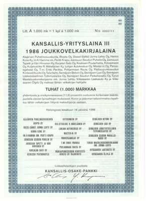 OKK obligatio Kansallislaina III 15.6.1986 Litt A.
