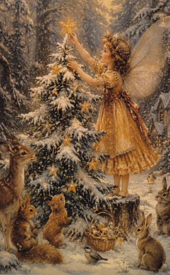 Talvikeiju koristelee joulukuusta, eläimet katsovat