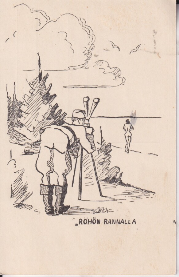 " Röhön rannalla", Sotilas kiikaroi alastonta naista . e170