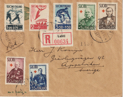 1938 kirjattukirje F.I.S ja Punaisen Ristin merkit Lahti-Swe