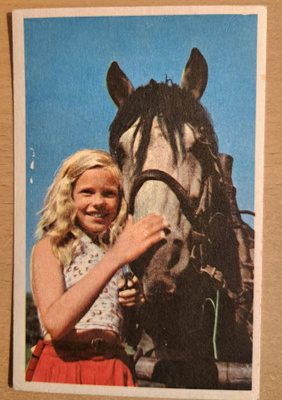 kuvakortti, tyttö ja hevonen, kulkenut käsipostissa