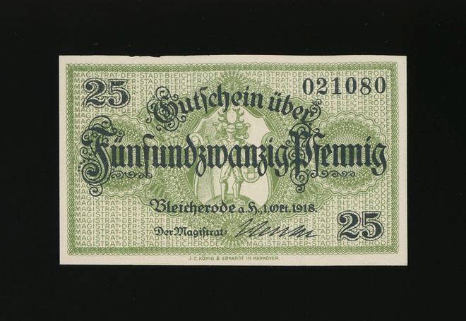 Saksa Notgeld 25 Pfennig, Bleicherode 1.10.1918