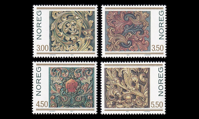 Norja 1135-8 ** Postimerkin päivä, puunveisto (1993)
