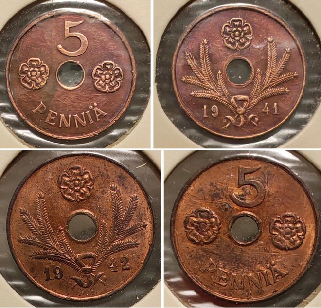 5 PENNIÄ reikärahat pari v.1941-42. Jatkosota