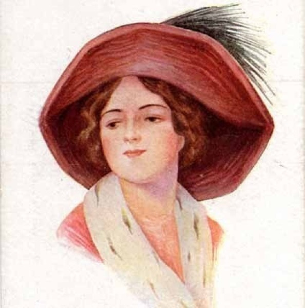 NAINEN / Unelmoiva tyttö lierihattu päässään. 1910-l.