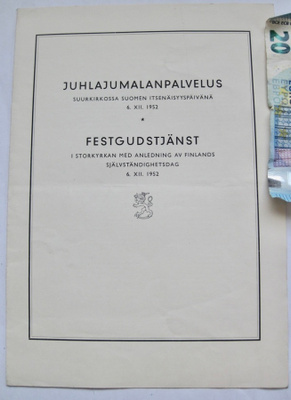 VANHA Ohjelma Juhlajumalanpalvelus Suomi 35v 1952 Suurkirkko