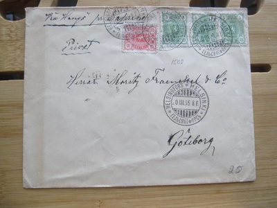 Kirje Hesasta 1895 Ruotsiin Hanko/Tukholma leimoin