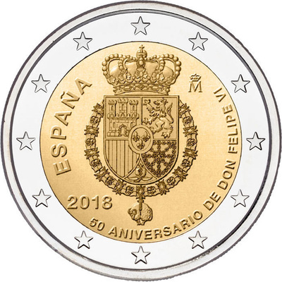 ** ESPANJA 2€ 2018 Kuningas Felipe 50 vuotta pillerissä **