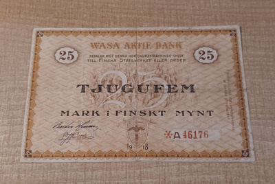 25 mk 1918 Vaasan Osake Pankki Korvaava *A 16176 KL 3.