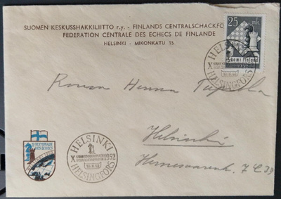 Shakkiolympialaiset -merkki FDC-kuorella 1952, kulkenut