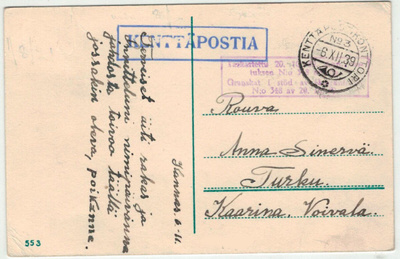 1939 kentäpostikonttori N:3 kortti