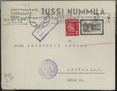 1941 Kallio surumerkki ym lentokirje Saksaan 15.4.42
