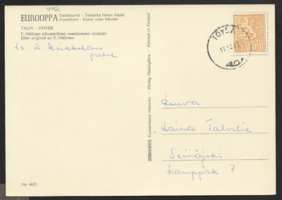Postilähetys - Yl.m. 15mk (LAPE 472) Töysä 13.12.1963