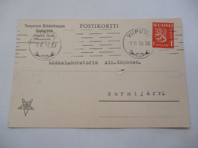 1930 Viipuri Tampereen Rohdoskauppa Viipurin varasto kortti