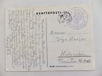 Kortti Kenttäposti Jalkaväkirykmentti 11 Esikunta Leima 1939