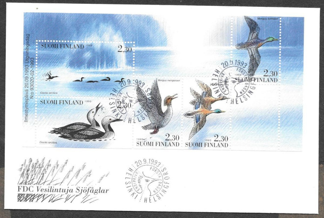 Vesilintuja 1993 FDC  (LAPE 1218-1222 ; V22)