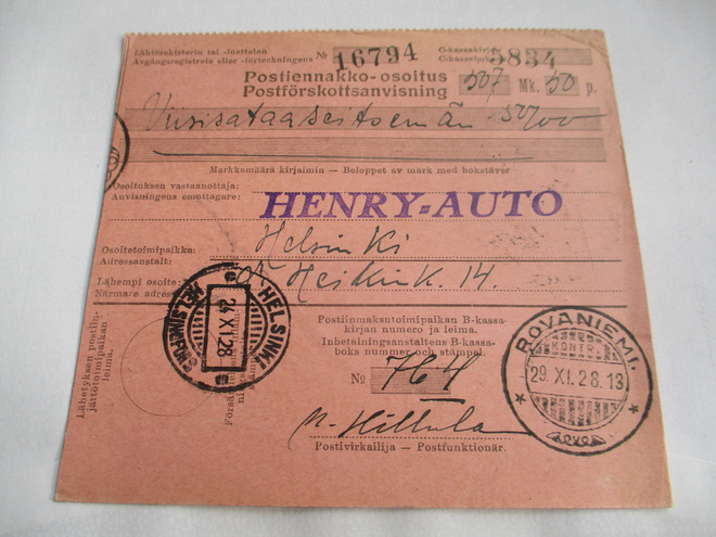 1928 Rovaniemi Kontr. autoliikkeen postiennakolla
