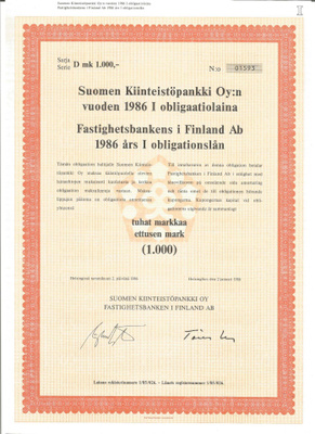 SUOMEN KIINTEISTÖPANKKI Oy 1986 I SARJA D 1000 mk OBLIGAATIO