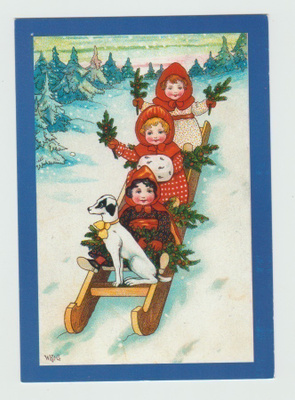 Koira ja kolme tyttöä reellä alas mäkeä