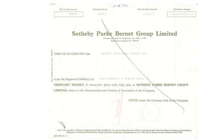 OKK osakekirja Sotheby Parke Bernet Group Limited 21.8.1982