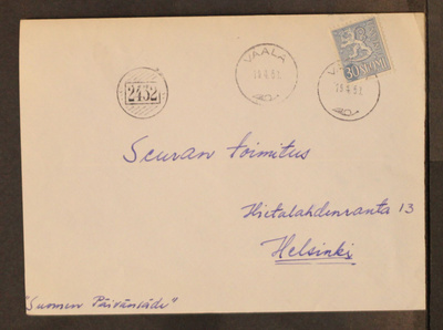 # 23378 # Numeroleima 2432 + Vaala kirje Helsinki - 1953