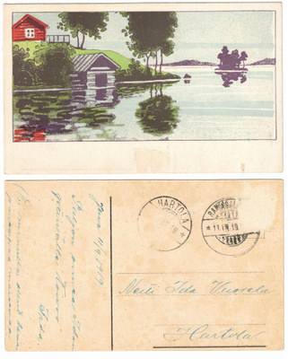 Vanha kortti, järvimaisema, vuodelta 1919