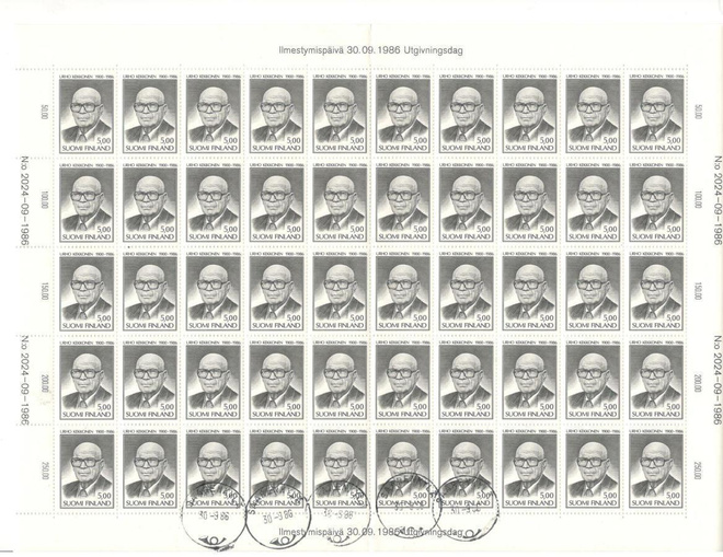 v. 1986 Kekkonen 5 mk ,valtaosa postituoreita, arkki