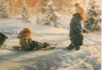 Isosisko vetää pientä pulkalla, koira perässä.  Ei kulk