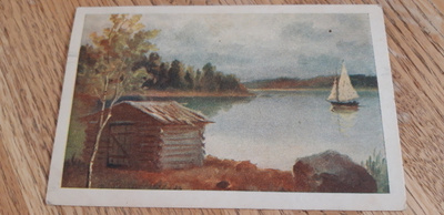 Maisema kortti, purjevene järvellä, Paletti kortti v. 1949