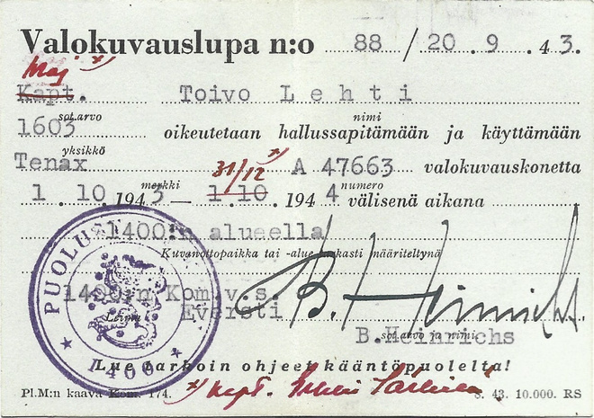 Valokuvauslupa v.1943, allekirjoitus B. Heinrichs